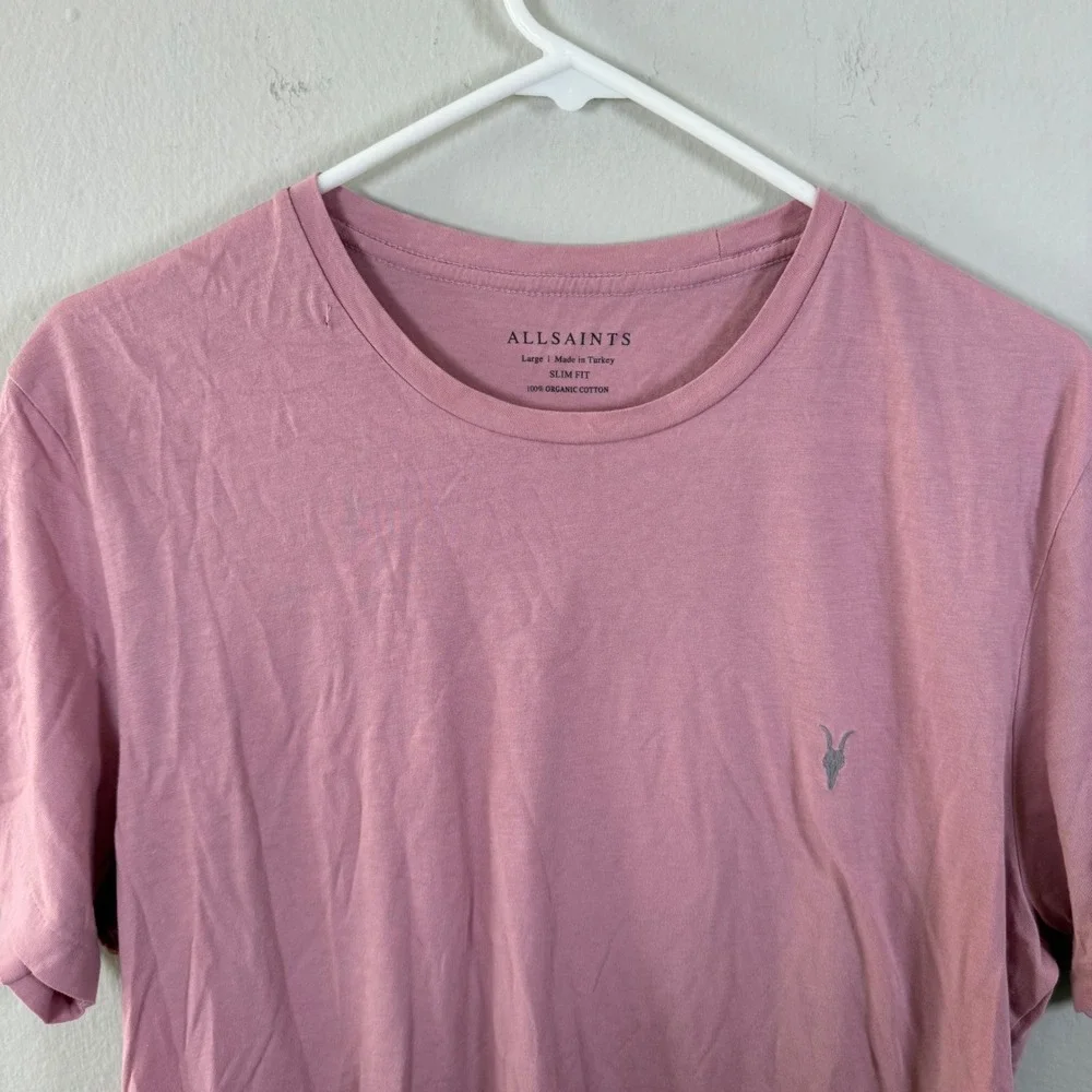 AllSaints Tonic Crew T-Shirt Mens Large Slim Fit Rose Pink Organic Cotton Logo